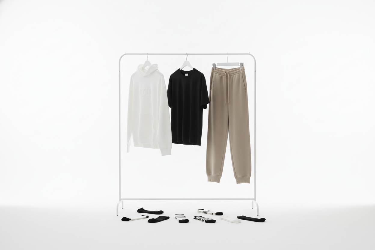 ein kleider ständer wo versciedene Kleidungsstücke dranhängen Hoodie wo die farbe weiss hat. Ein tShirt wo die farbe schwarz hat mit einem weissem waldorra logo was aber nicht ganz sichtbar ist. dann Noch oversize baggy trainerhose mit der Farbe Beache wo ein schwarzes waldorra logo so halb erkennbar ist . Unten dran liegen noch verteilt verschiedene socken mit der farben schwarz und weiss mit verschieden logos drauf. Maxhe es kleiner das es perfekt die grösse hat für den header.